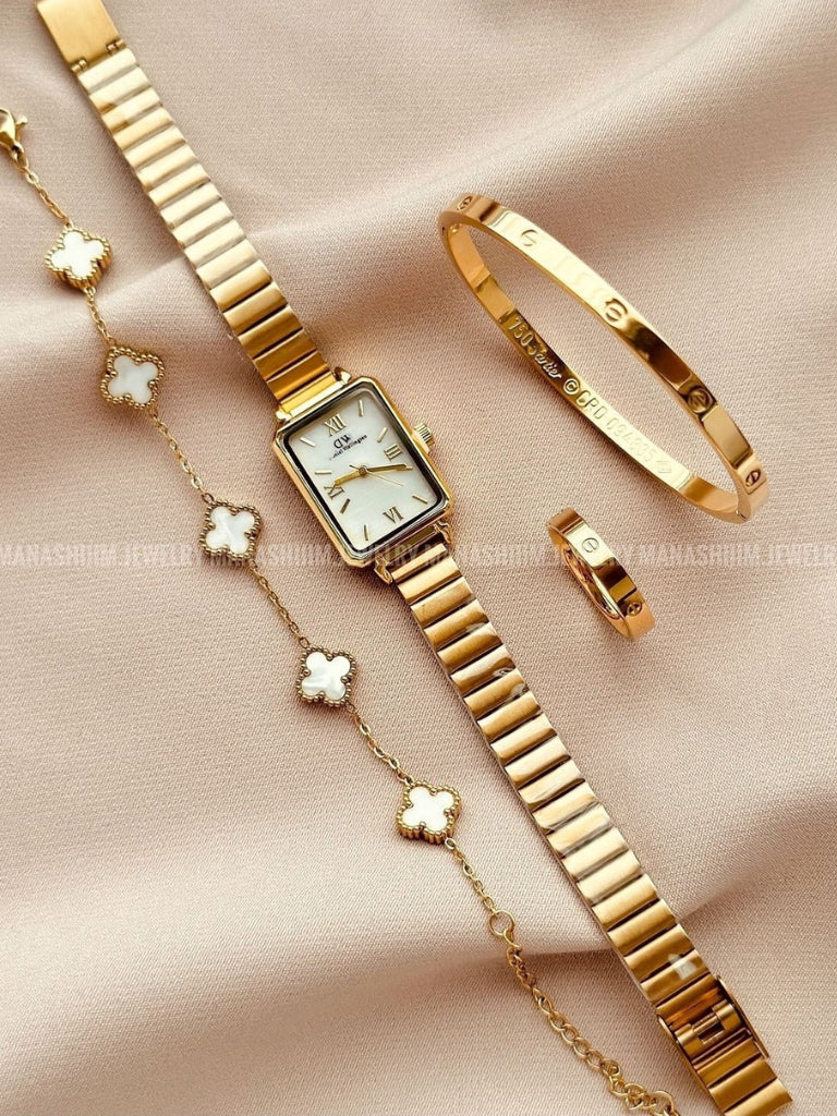 Conjunto Relógio Feminino com Bracelete Pulseira e Anel Cartier - Coleção Bella Viena