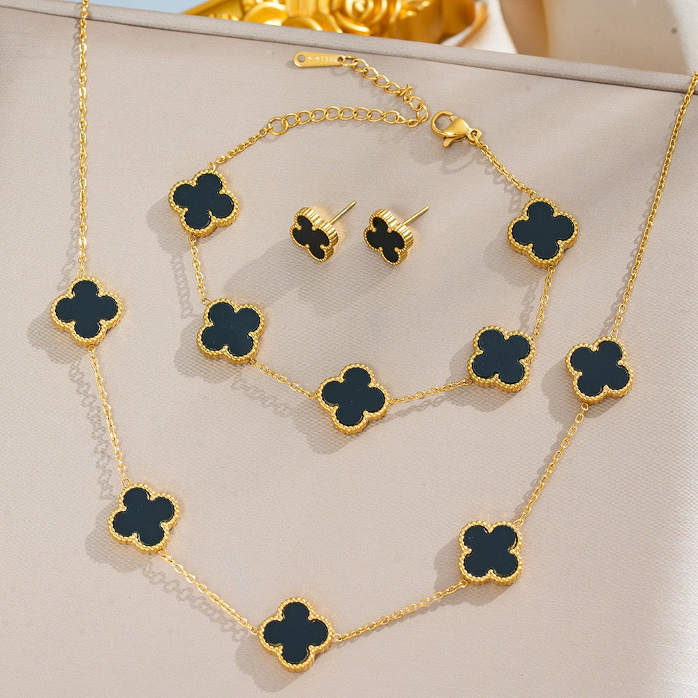 Conjunto de Joias Trevo 18K em Aço Titânio e Madrepérola