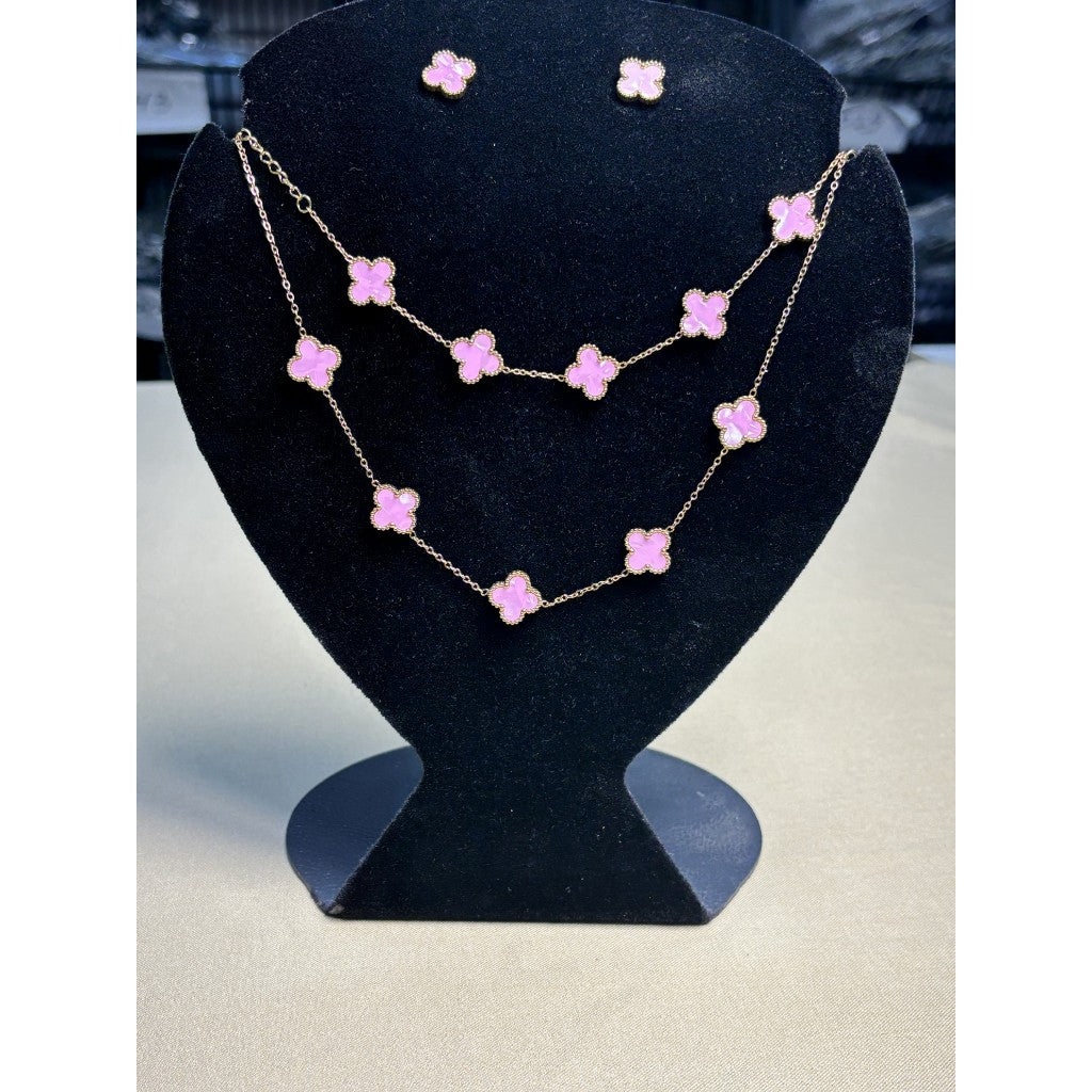 Conjunto de Joias Trevo 18K em Aço Titânio e Madrepérola