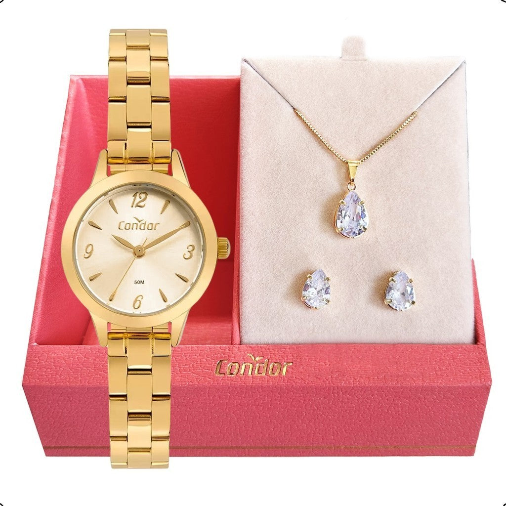 Relógio feminino coleção Condor Bella Viena com colar e brincos